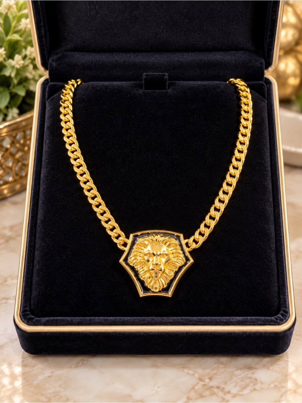 Statement Gold Tone Lion Head Pendant Curb Chain Necklace Regal Luxury Style